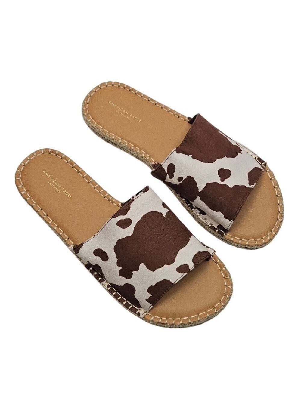 American Eagle Cow Print Slide Sandals Espadrille Flat Summer Size 10